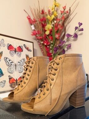 Lace-Up Tan Peep-Toe Ankle Booties